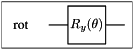 \[ \setlength{\fboxrule}{0.01pt} \fbox{ \begin{tikzpicture}[scale=.5] \node[draw=none] at (-3.5, 0) {rot}; \draw (-2,0) -- (-1, 0); \draw (1, 0) -- (2, 0); \draw (-1,-1)--(-1,1)--(1,1)--(1,-1)--cycle; \node[draw=none] at (0, 0) {$R_y(\theta)$}; \end{tikzpicture} } \]