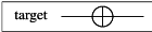 \[ \setlength{\fboxrule}{0.01pt} \fbox{ \begin{tikzpicture}[scale=.5] \node[draw=none] at (-3.5, 0) {target}; \draw (-2,0) -- (2, 0); \draw (0, 0) circle (.5); \draw (0, .5) -- (0, -.5); \end{tikzpicture} } \]