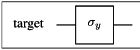 \[ \setlength{\fboxrule}{0.01pt} \fbox{ \begin{tikzpicture}[scale=.5] \node[draw=none] at (-3.5, 0) {target}; \draw (-2,0) -- (-1, 0); \draw (1, 0) -- (2, 0); \draw (-1,-1)--(-1,1)--(1,1)--(1,-1)--cycle; \node[draw=none] at (0, 0) {$\sigma_y$}; \end{tikzpicture} } \]