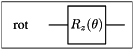 \[ \setlength{\fboxrule}{0.01pt} \fbox{ \begin{tikzpicture}[scale=.5] \node[draw=none] at (-3.5, 0) {rot}; \draw (-2,0) -- (-1, 0); \draw (1, 0) -- (2, 0); \draw (-1,-1)--(-1,1)--(1,1)--(1,-1)--cycle; \node[draw=none] at (0, 0) {$R_z(\theta)$}; \end{tikzpicture} } \]